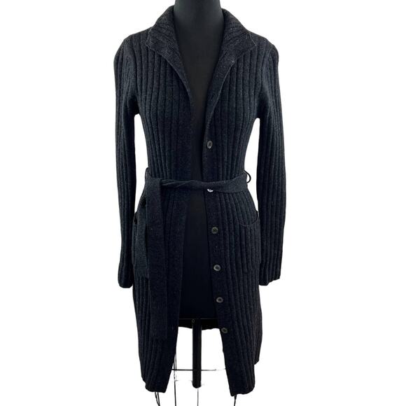 VTG Lauren RALPH LAUREN Gray Lambswool Tie Button Midi Duster Cardigan Sweater S - Picture 2 of 10